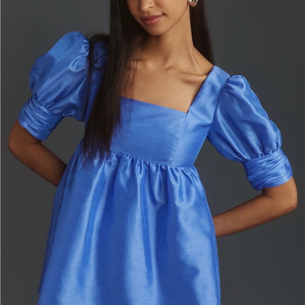 Anthropologie Top Sz XS Blue Empire Waist Baby Doll Tunic Style Stretch Back